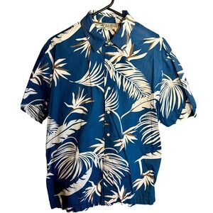 Old Navy Mens Large Blue Tropical Palm Leaf Cotton Short Sleeve Button Down